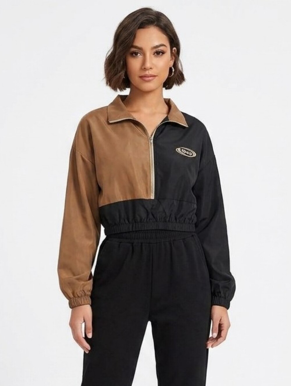 Spiky Two-Tone Black & Brown Cropped Zip Jacket – Size Small